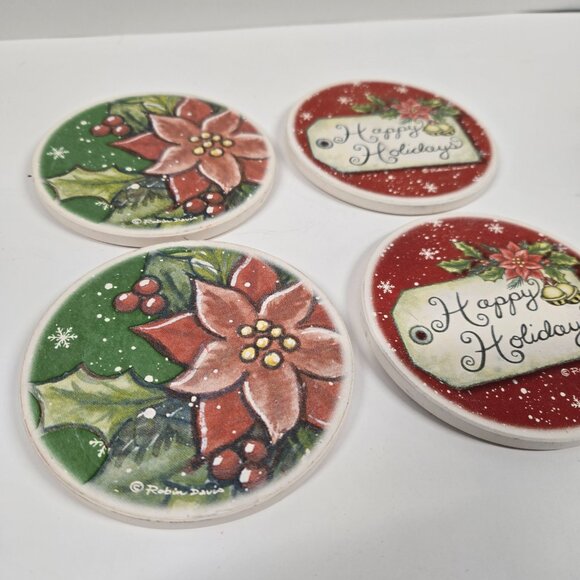 Christmas Poinsettia Coasters – Holiday Drink Coaster Set, Festive Ceramic - Picture 4 of 9